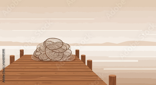 Illustrative view of fishing net on dock by calm water scenery background landscape
