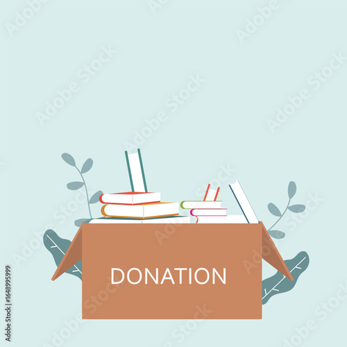 Donation box with full of books. cardboard box with books for donation international book giving day vector illustration