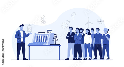 Illustrated Tour Of Renewable Energy Plant With People Listening To Explanation