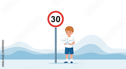 Imagination Of Childhood Boy And Paper Boat Speed Limits Illustration Concept