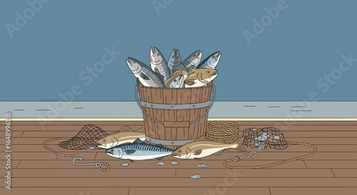 Illustration depicting a bucket full of fresh fish, nets and ropes on wooden dock, creating a nautical fishing scene