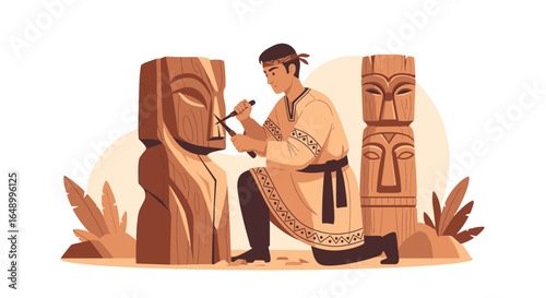 Illustration depicting a man artistically carving a wooden totem pole with intricate details