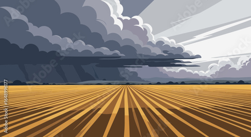 Impending Weather Over Farmland Landscape Scene Digital Illustration Vector