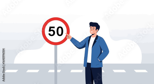 Important Fifty Speed Limit Indicated By A Man In A Casual Blue Suit