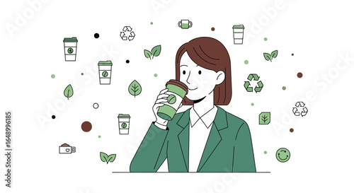 Illustration depicting a woman enjoying sustainable coffee surrounded by eco friendly elements