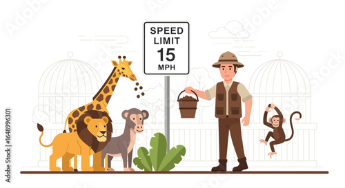 Illustration Featuring a Zookeeper With Animals and a Speed Limit Sign