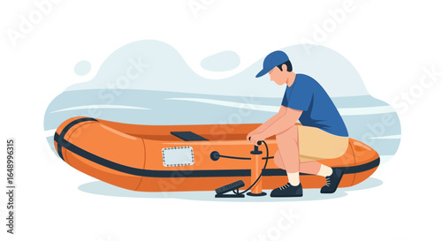 Inflatable Boat Ready For Adventure On The Lake Side With Manual Pump