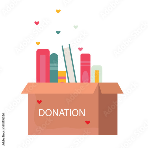 Donation box with full of books. cardboard box with books for donation international book giving day vector illustration