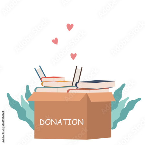 Donation box with full of books. cardboard box with books for donation international book giving day vector illustration