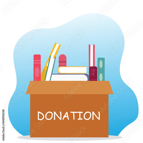 Donation box with full of books. cardboard box with books for donation international book giving day vector illustration