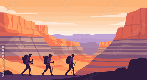 Inspiring Grand Canyon Adventure With Group Of Trekkers Enjoying Hiking Tour