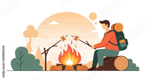Illustration of a camper roasting marshmallows by a bonfire in the wilderness outdoors