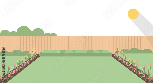 Inviting Backyard Flat Vector Illustration With Flowers And Wooden Fence