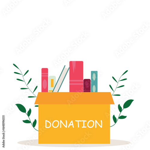 Donation box with full of books. cardboard box with books for donation international book giving day vector illustration