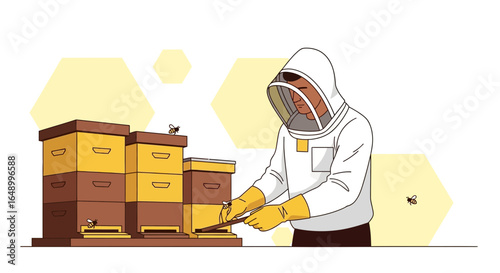 Isolated Beekeeper Inspecting Hives With Protective Gear In An Apiary On White Background