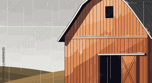 Isolated Barn Building Under Rain In Rural Landscape Scene Illustration