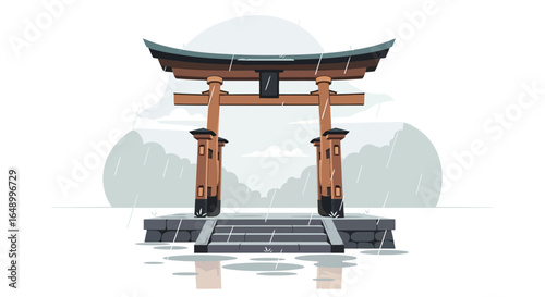 Japanese Shinto Shrine Gateway During A Rainy Day Traditional Symbol