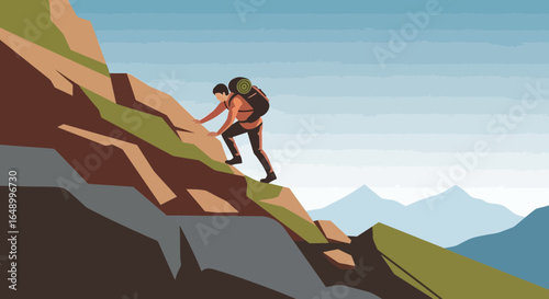 Illustration of a determined hiker ascending a steep mountain trail with backdrop