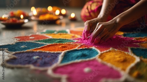 Colorful Rangoli Patterns with Flower Petals and Powder in Bright Indoor Lighting