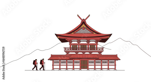 Japanese Temple With People Hiking Illustration In Front Of Mountain View