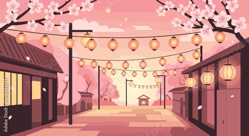 Japanese Village With Cherry Blossoms And Traditional Lanterns At Sunset
