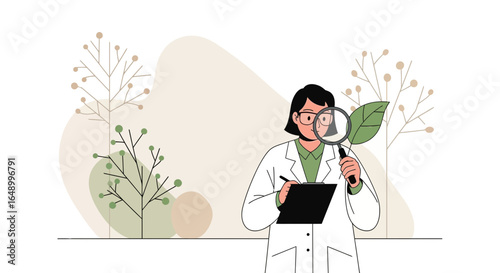 Illustration of a female scientist examining a plant leaf with a magnifying glass in laboratory setting