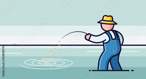 Illustration of a fisherman casting a line into the water creating ripples and anticipation for a catch