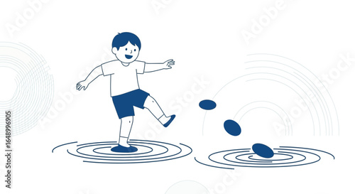 Joyful Boy Kicking Stones in Water Puddle Minimalist Vector Illustration