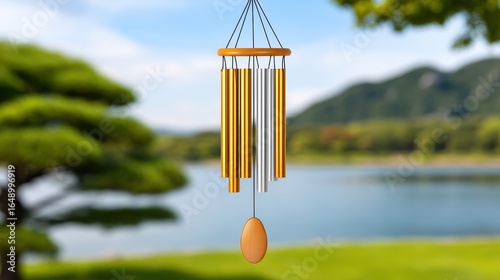 Beautiful wind chimes hanging by a serene lake, surrounded by lush greenery.