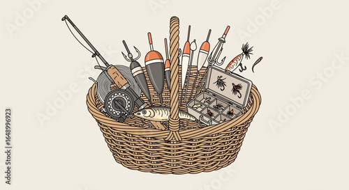 Illustration Of A Fishing Basket Full With Fishing Equipment Accessories In Details