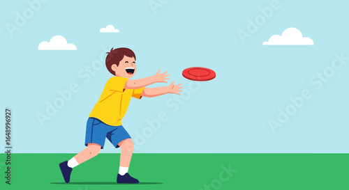 Joyful Boy Playing Catch With Flying Disc Outdoors On Summer Sunny Day