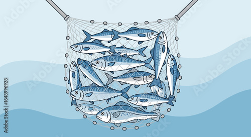 Illustration Of A Fishing Net Full Of Silver And Blue Mackerel Fish