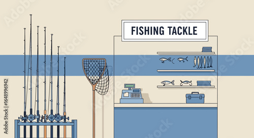Illustration of a fishing tackle shop interior with rods, net, and various equipment display