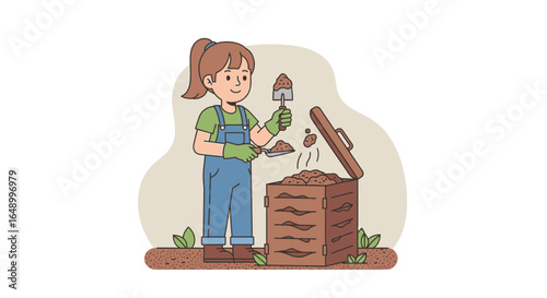 Illustration of a girl composting garden waste in a wooden composter for soil enrichment and environmental sustainability practices