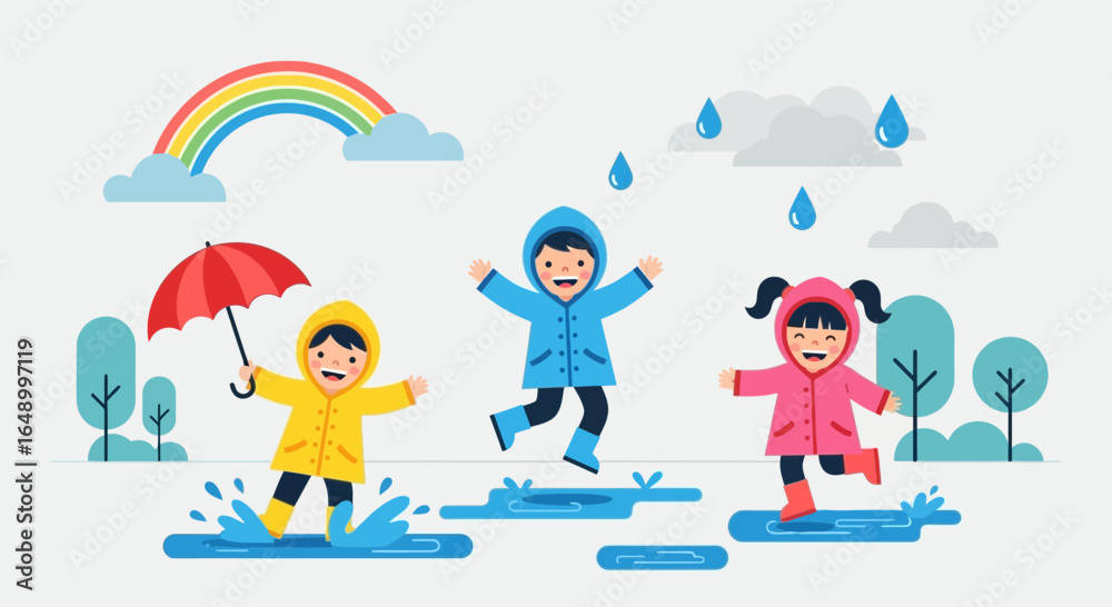 Fototapeta premium Joyful Children Playing Outdoors in Rainy Weather With Rainbow Illustration