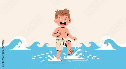 Joyful Child Splashing In Summer Sea Waves Vector Illustration