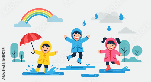 Joyful Children Playing Outdoors in Rainy Weather With Rainbow Illustration
