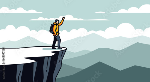 Illustration of a hiker standing on a cliff edge overlooking a mountain range reaching the summit