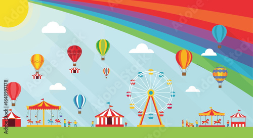 Joyful Day At The Fair With Balloons And Rides Under Rainbow Backdrop