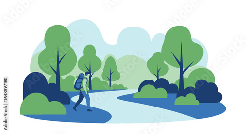 Illustration of a hiker with a backpack walking through a picturesque nature trail