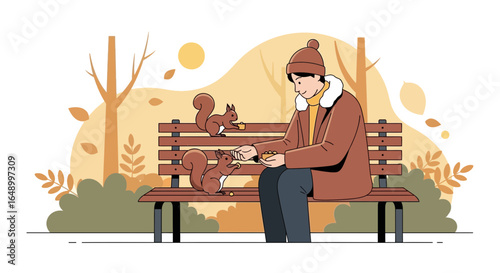 Illustration of a man feeding squirrels in a park on an autumn day enjoying nature