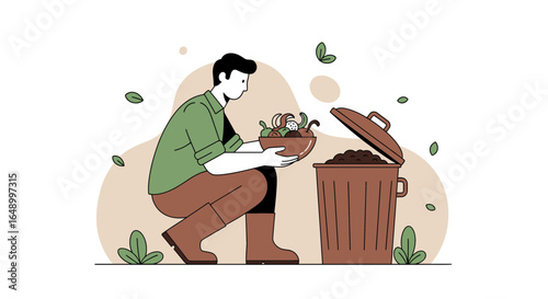 Illustration of a man composting kitchen waste for environmental sustainability