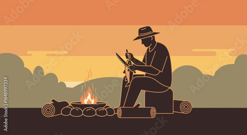 Illustration of a man cleaning fish by campfire at sunset in a minimalist style design