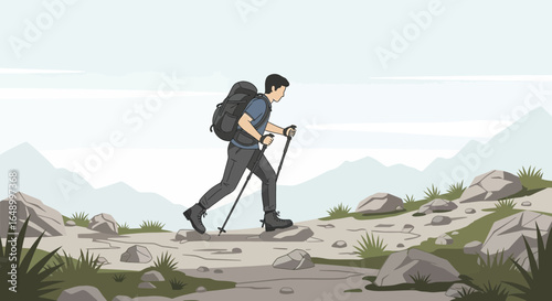 Illustration of a man hiking in a mountainous area with poles and a backpack