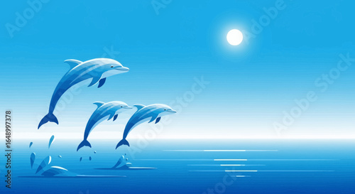 Joyful Leaping: A Captivating Group Of Dolphins In A Stunning Blue Ocean