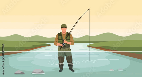 Illustration of a man fishing in a river with a rod and wearing waders in nature scenery