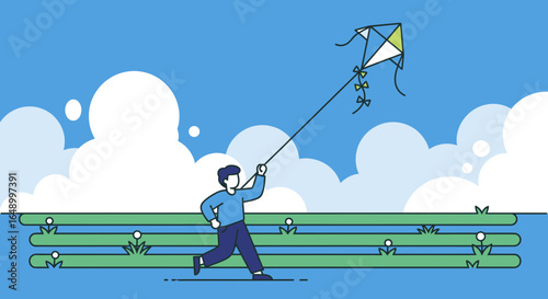 Joyful Moments In Nature With A Kid Flying Kite Against Blue Sky