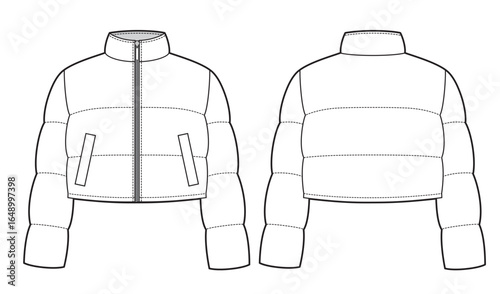 Puffer jacket technical fashion Illustration. Cropped fit