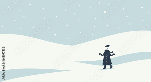 Joyful Winter Wanderer Embracing Snowfall In A Serene And Minimalist Landscape