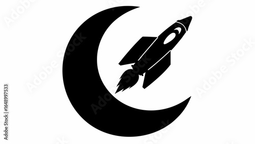 Black and white graphic featuring a rocket ship launching in front of a crescent moon silhouette design